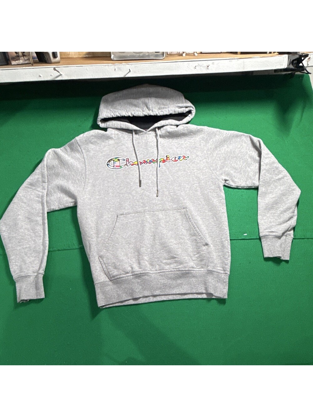 Champion Authentic Athleticwear Gray Hoodie Rainbow Tie Dye Script Logo Men's S